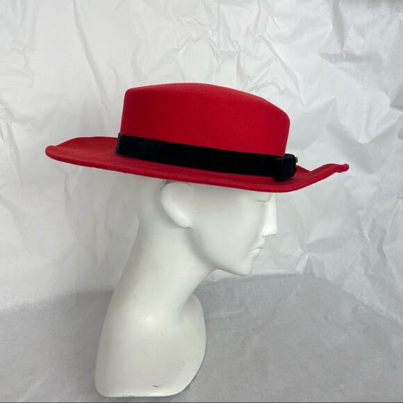 Vintage Red Bolero Hat 100% Wool Felt Black Ribbon and Coin - Picture 4 of 10
